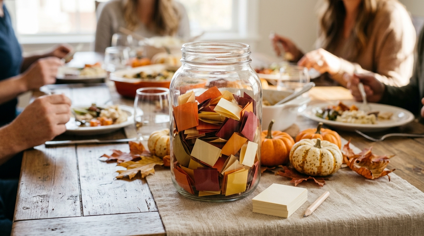 Large glass jar filled with folded colored paper slips beside mini pumpkins and leaves