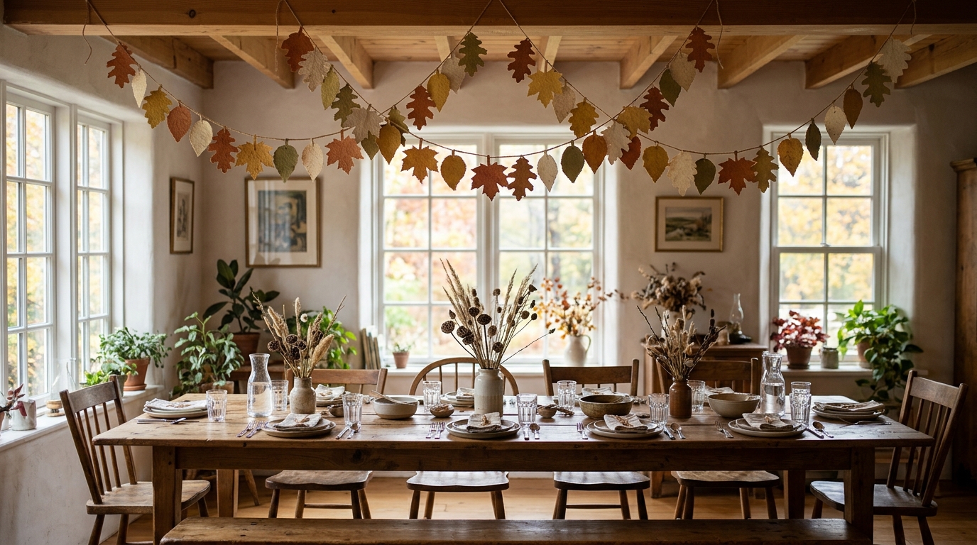 Friendsgiving Table Ideas handmade paper leaf garland in rust, mustard and olive hung above a long dinner table
