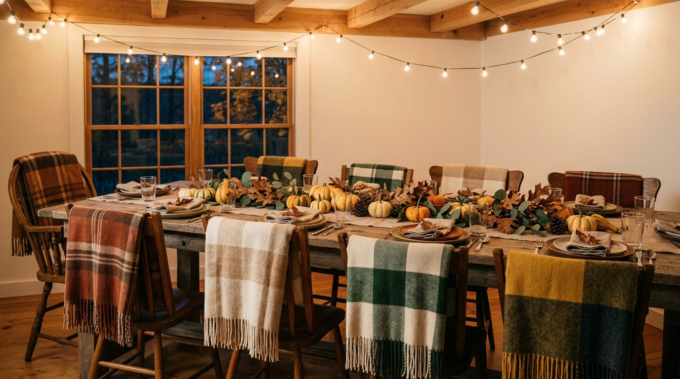 Wooden dining chairs each with a plaid wool blanket draped over the back under string lights