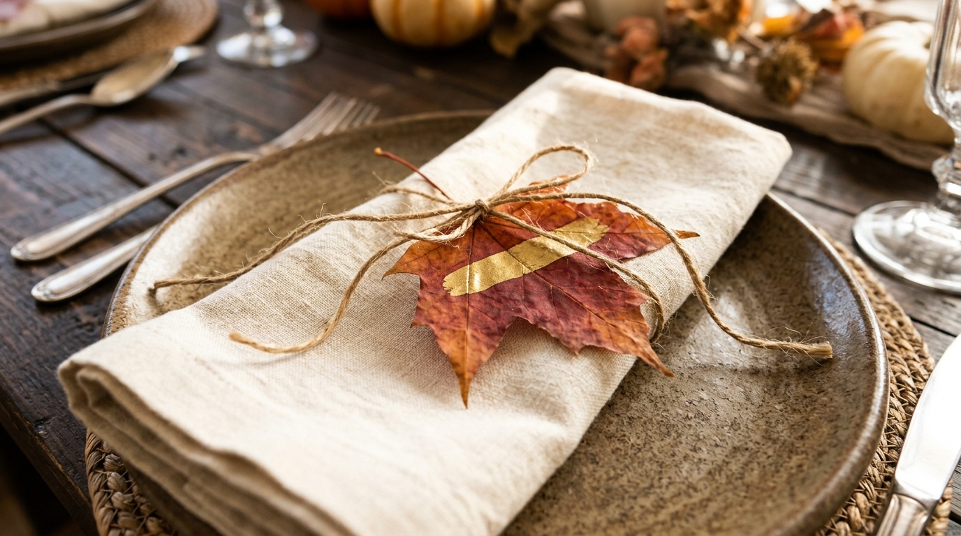 Pressed red maple leaf with a gold paint pen line tied to a cream cloth napkin with twine on a stoneware plate