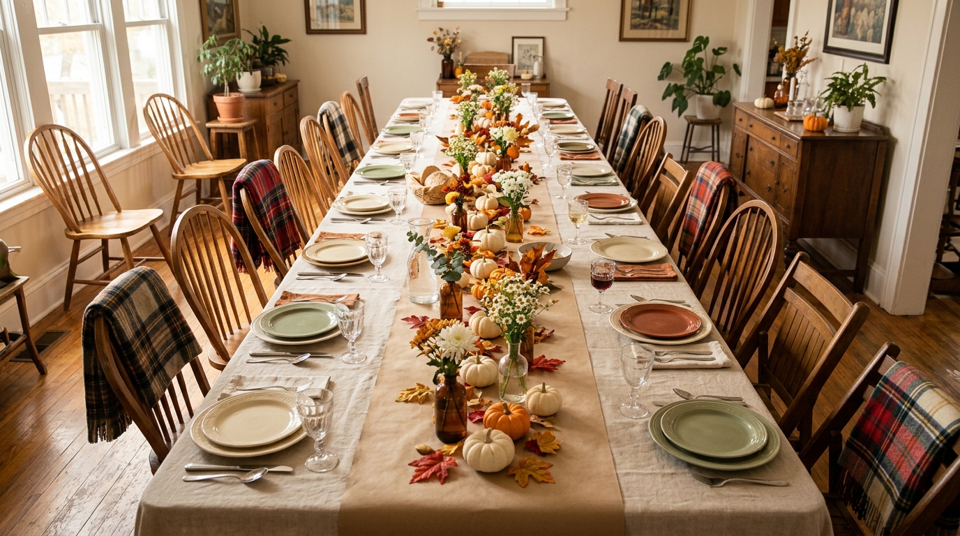 Friendsgiving Table Ideas long rustic table made from two folding tables with mini pumpkins, mismatched plates and plaid blankets on chairs