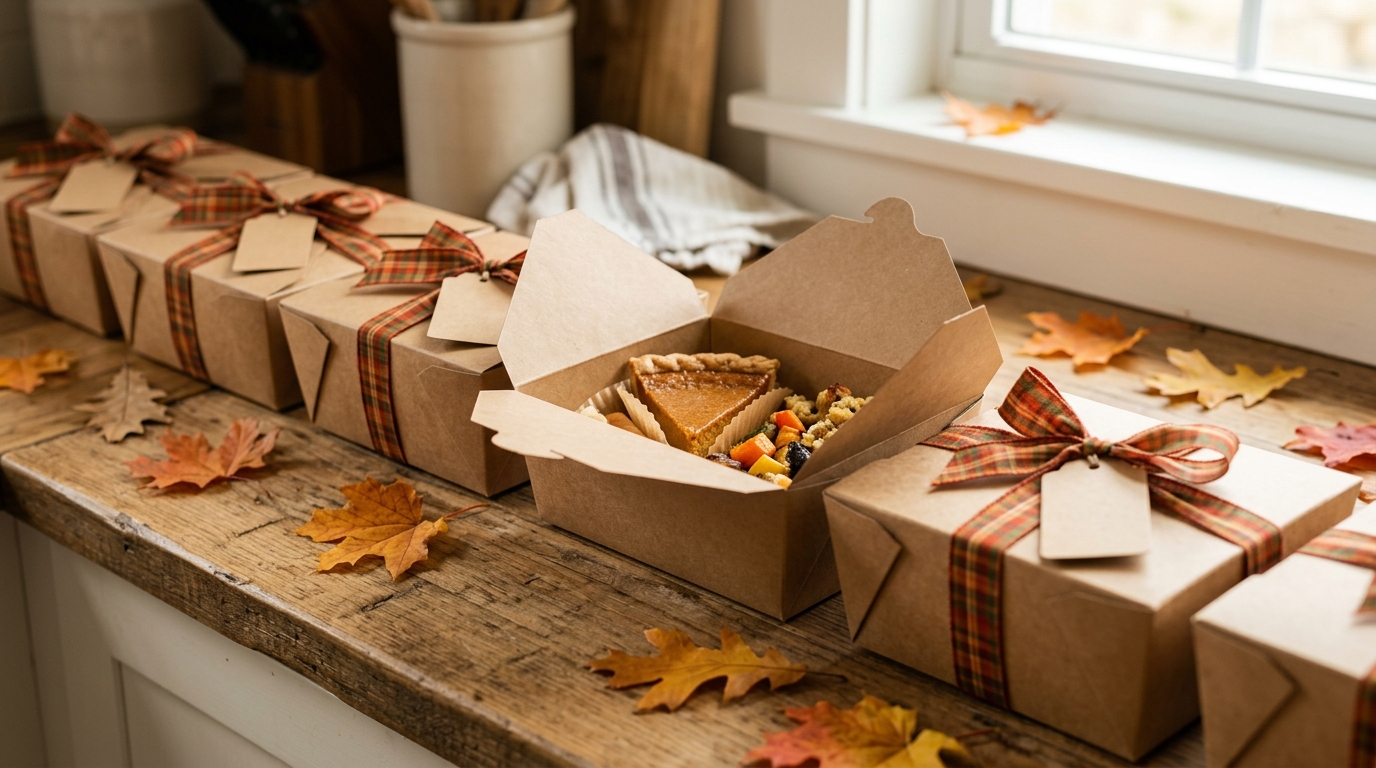 Row of kraft paper take home boxes tied with plaid ribbon and blank tags, one open with pie and leftovers