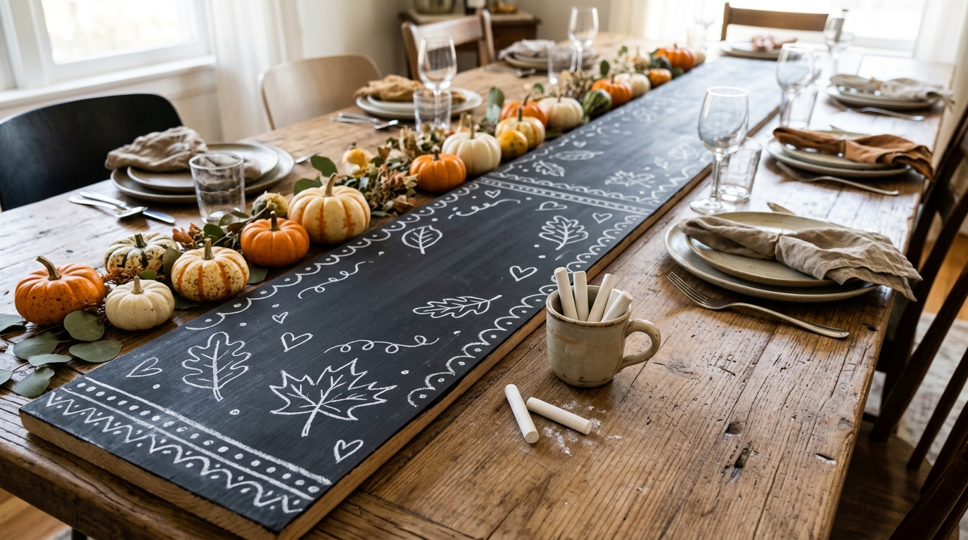 Friendsgiving Table Ideas chalkboard painted wooden plank runner with chalk leaf doodles and a cup of chalk