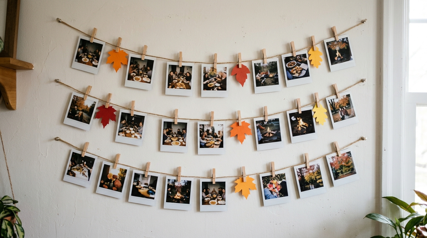 Friendsgiving Table Ideas instant photo wall with small square photos and paper leaves pinned to twine with wooden clothespins
