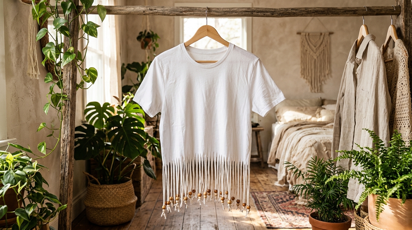 White T-shirt with a cut fringe hem and wooden beads on a clothes rail