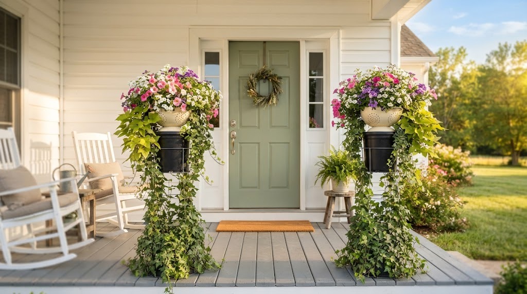Front porch planters made from tomato cages and colanders overflowing with flowers beside a green door