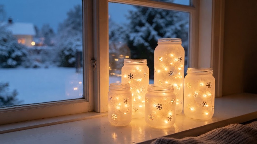White Christmas decor frosted snowflake jars glowing with LED fairy lights