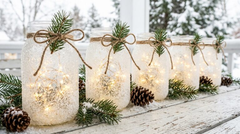 Frosted Mason Jars made with Epsom salt glowing with fairy lights on a white porch table with pine sprigs and twine bows