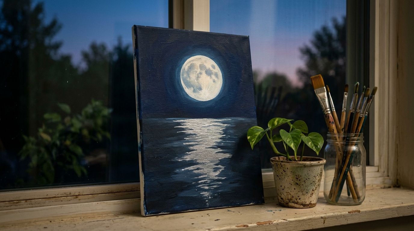 Glowing full moon over calm dark water on a windowsill at dusk