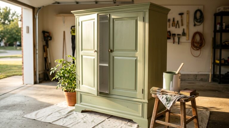 Furniture flips: a vintage armoire painted sage green with brass knobs in a sunny garage