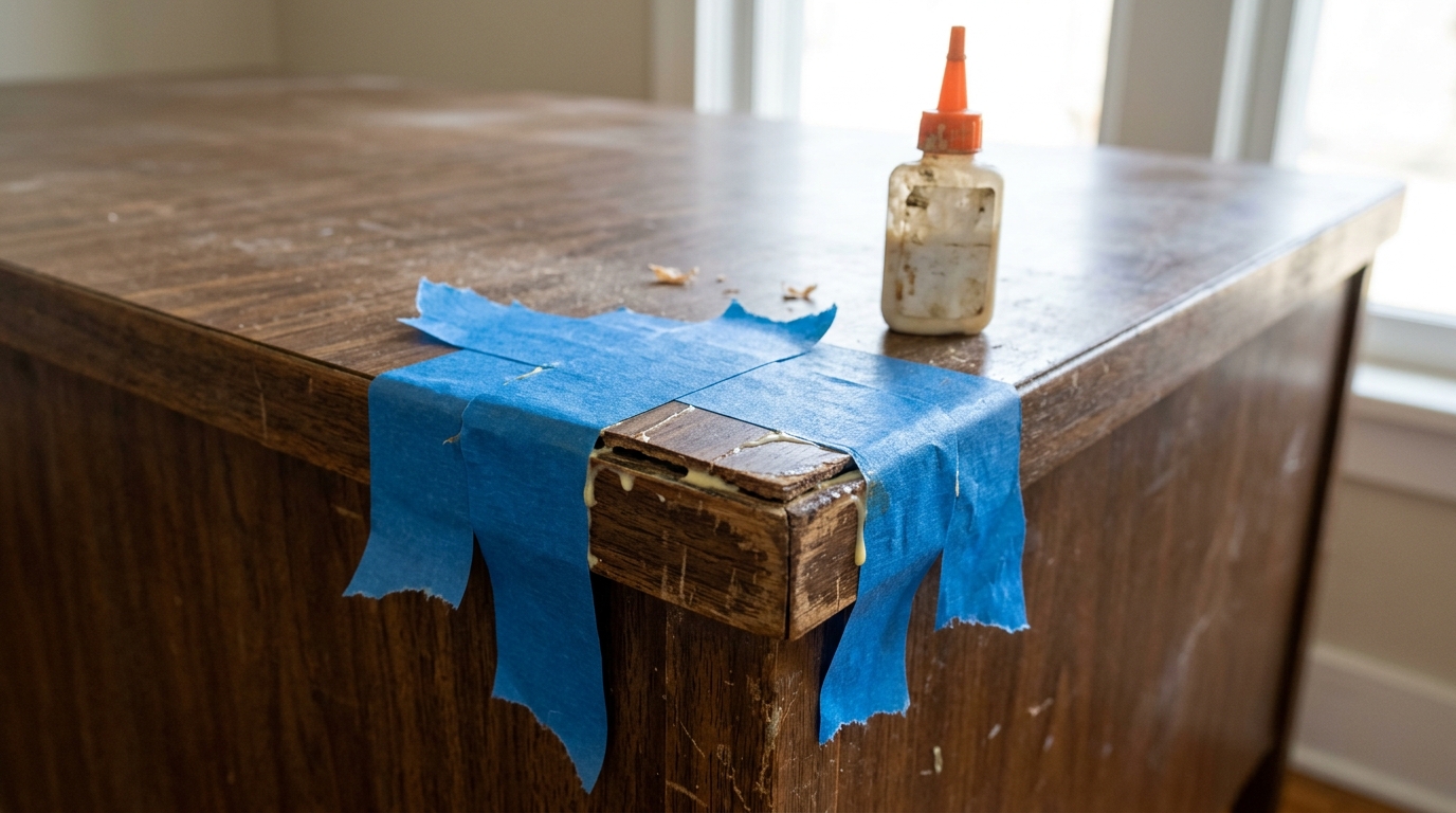 Lifted wood veneer on a desk edge glued back down and held with strips of blue painter's tape