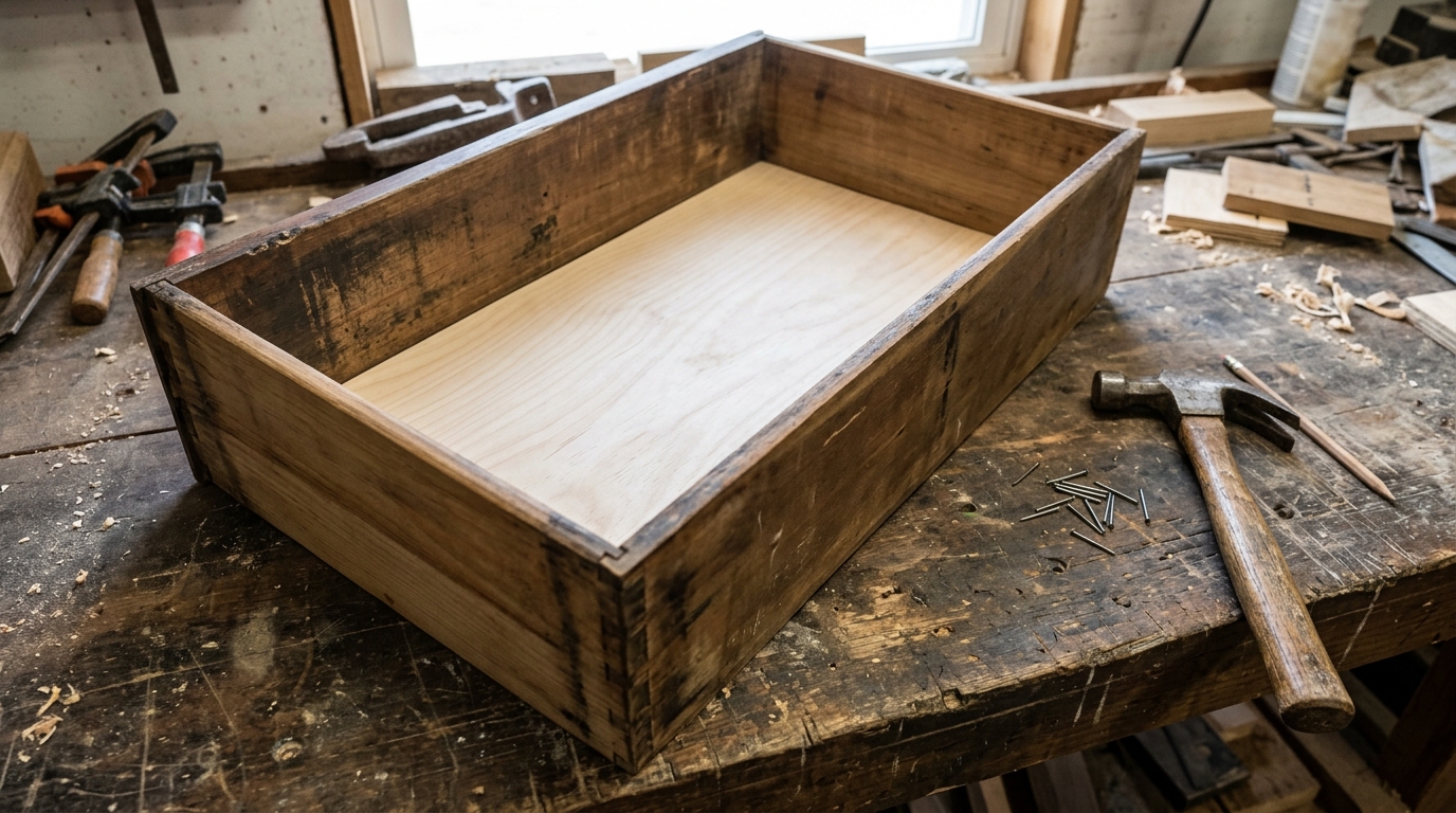 Open wooden dresser drawer on a work table with a brand new thin plywood bottom fitted inside