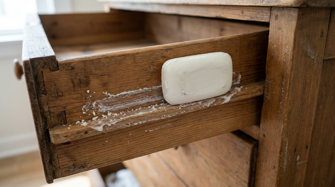 Furniture repair hacks white bar of soap rubbed along a wooden drawer runner