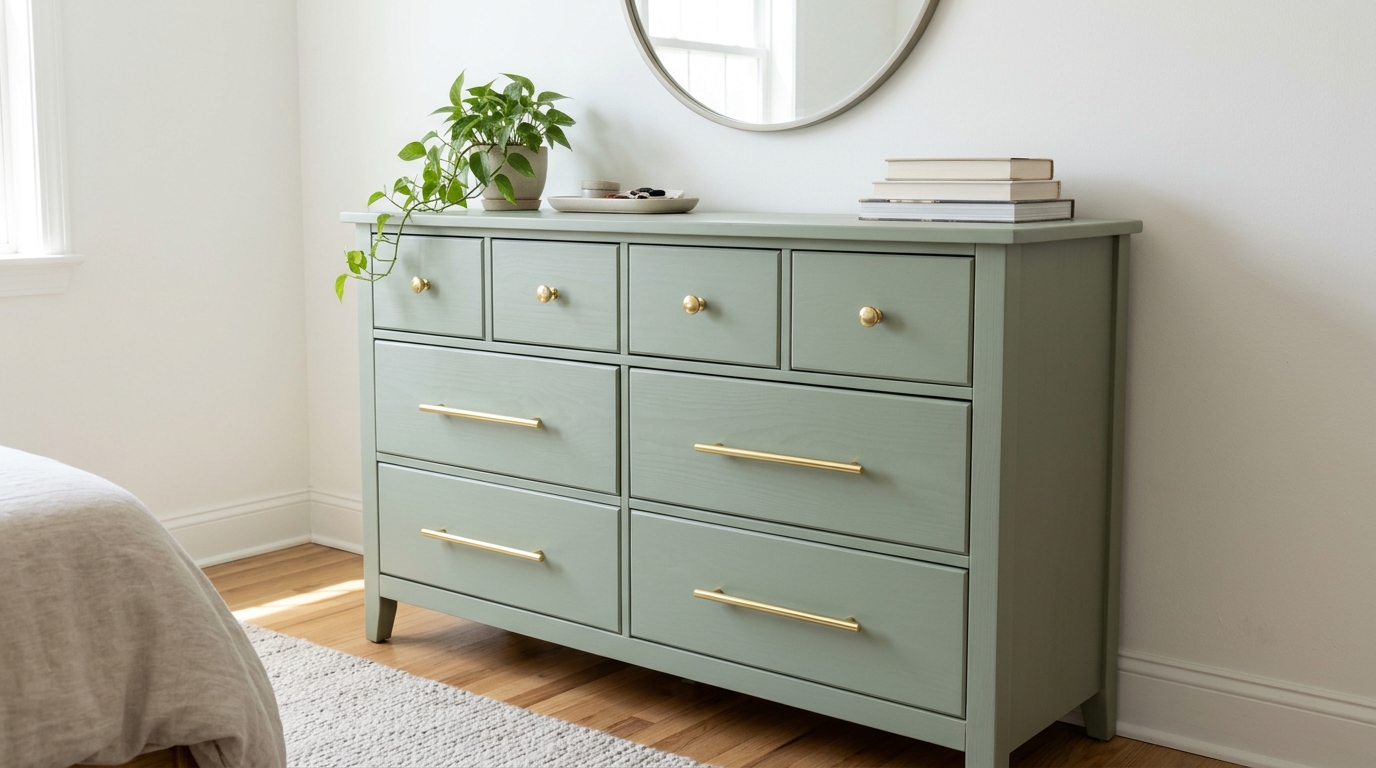 Painted sage green wooden dresser with new round brass knobs and long brass pulls in a bright bedroom