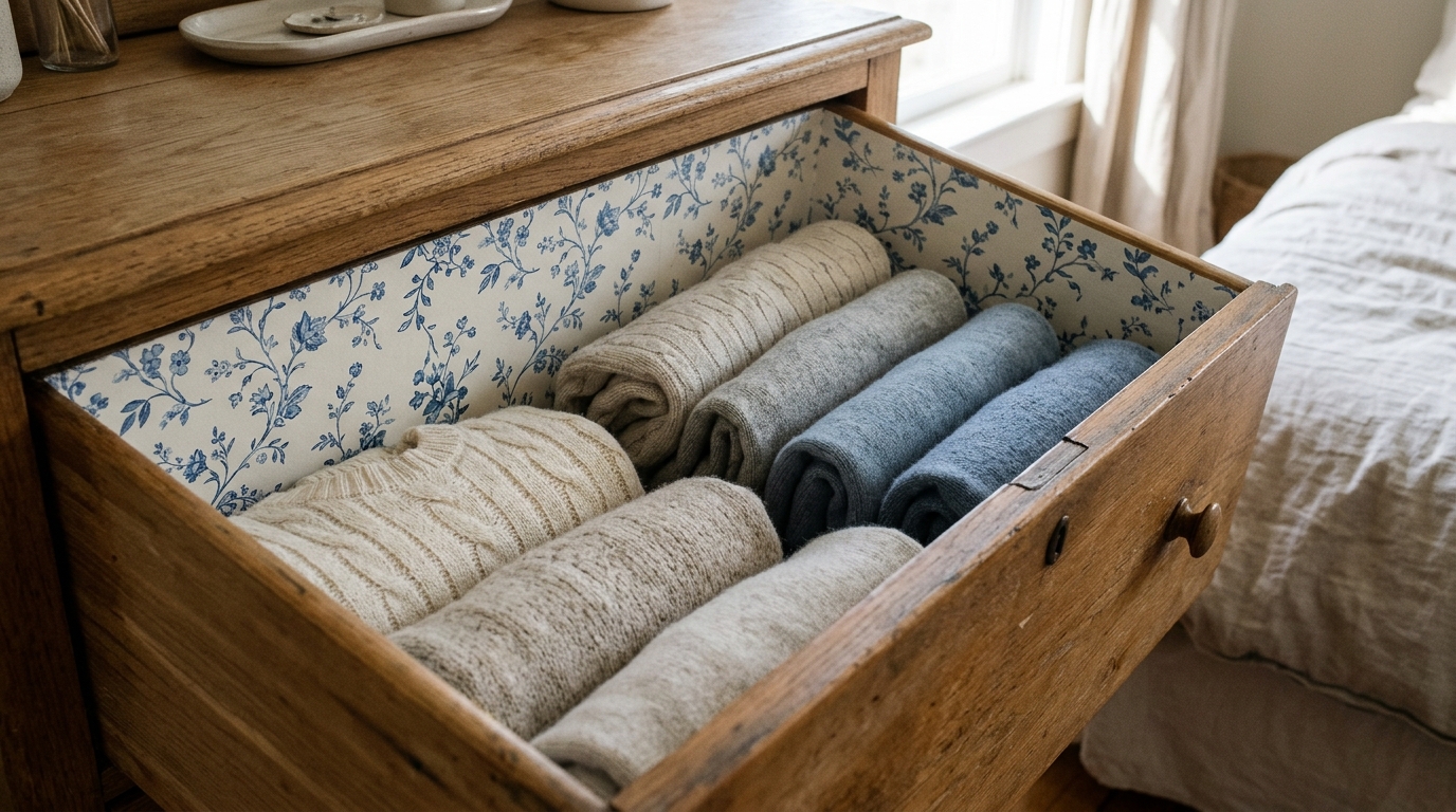 Open wooden dresser drawer lined with blue and white floral wallpaper holding folded sweaters