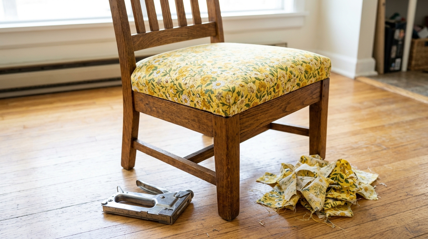 Wooden dining chair with a freshly reupholstered yellow floral fabric seat and a staple gun beside it