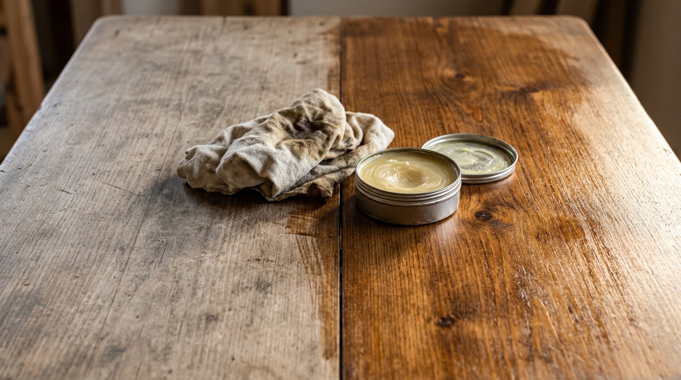 Furniture repair hacks old wooden tabletop half rubbed with furniture wax glowing rich next to a dull half with a cloth and wax tin