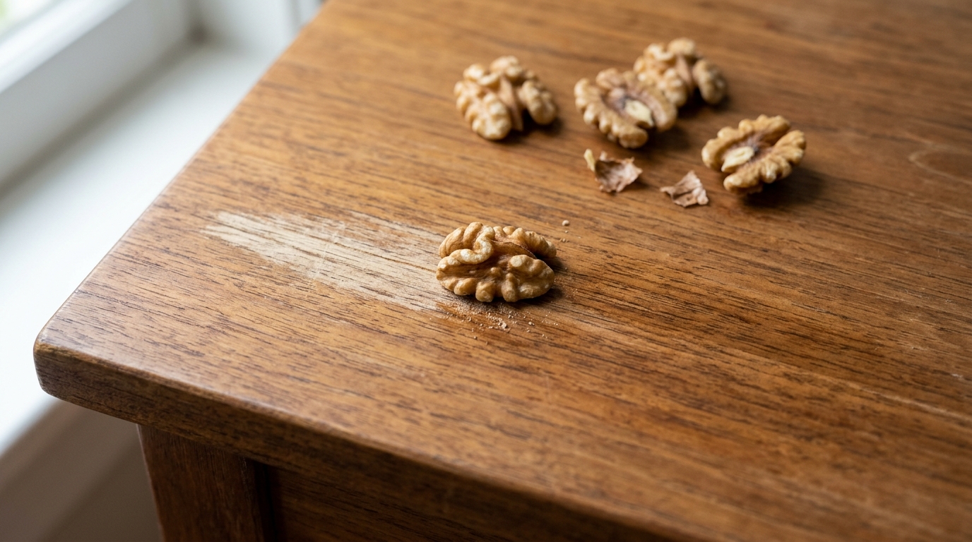 Furniture repair hacks walnut halves on a wooden side table rubbed over a light scratch that is fading into the grain