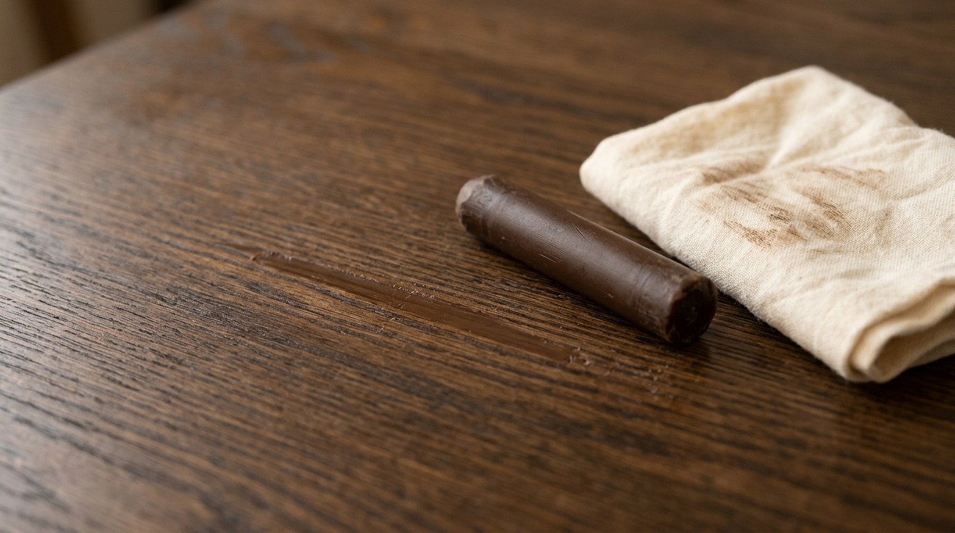 Brown furniture wax stick next to a dark wood table where a deep scratch has been filled