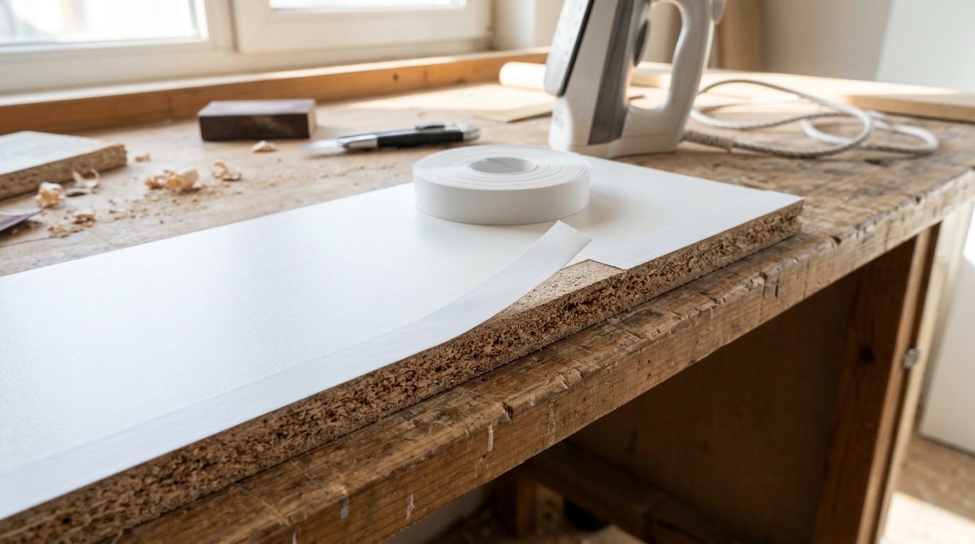 White particleboard shelf edge covered with a fresh strip of iron on edge banding tape