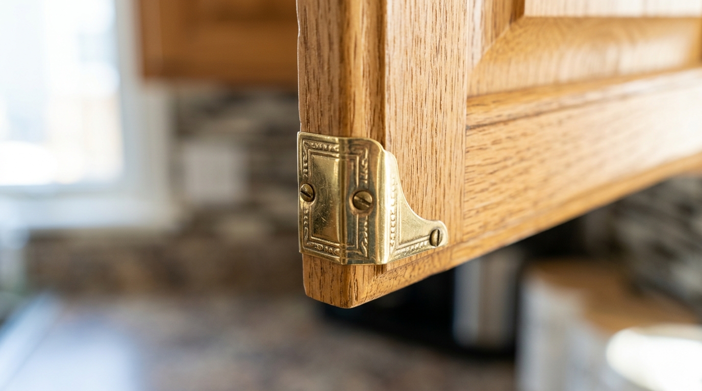 Furniture repair hacks brass corner cap fitted over a chipped oak cabinet corner