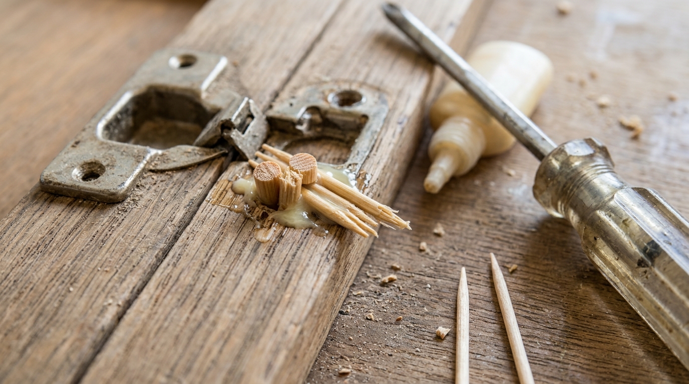 Furniture repair hacks wooden toothpicks dipped in wood glue pushed into a stripped screw hole near a cabinet hinge