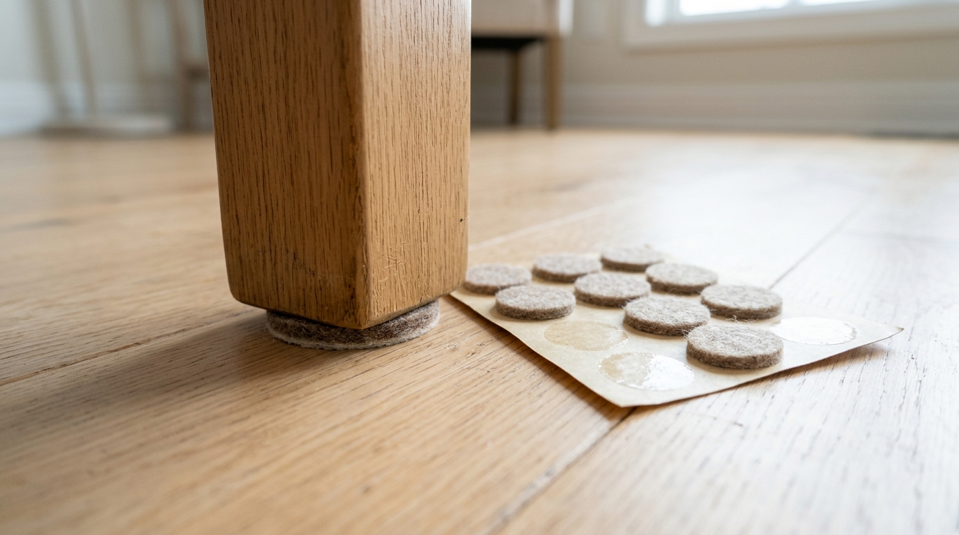 Wooden dining table leg with round felt pads stuck under the foot on a light wood floor