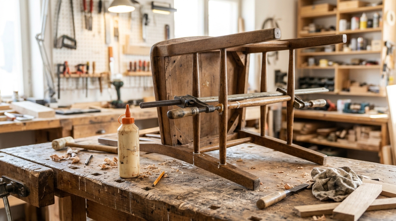 Furniture repair hacks wooden chair on a workbench with a loose rung glued and held by two bar clamps