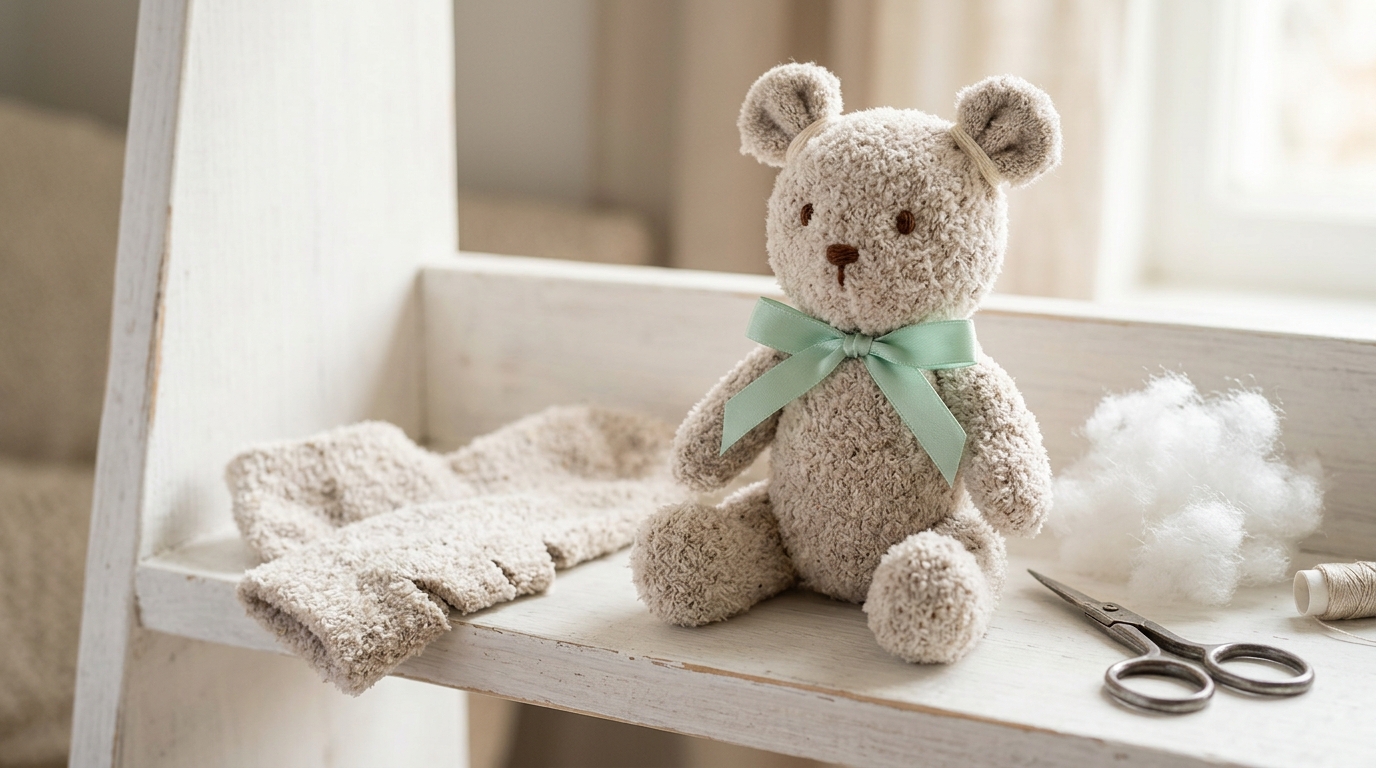 Fuzzy oatmeal sock teddy bear with a mint ribbon, one of the easiest no-sew sock animals