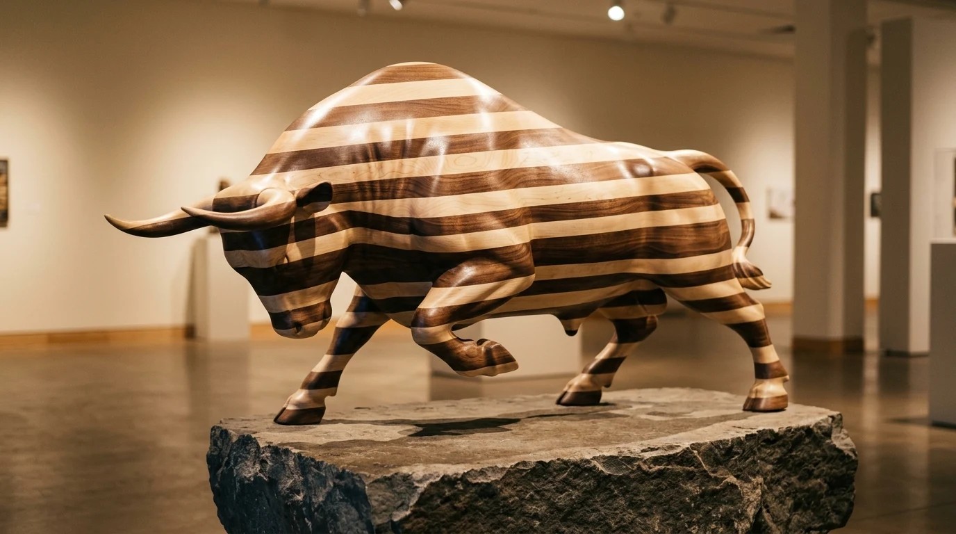 Wood sculpture carving of a charging bull with light and dark stripes