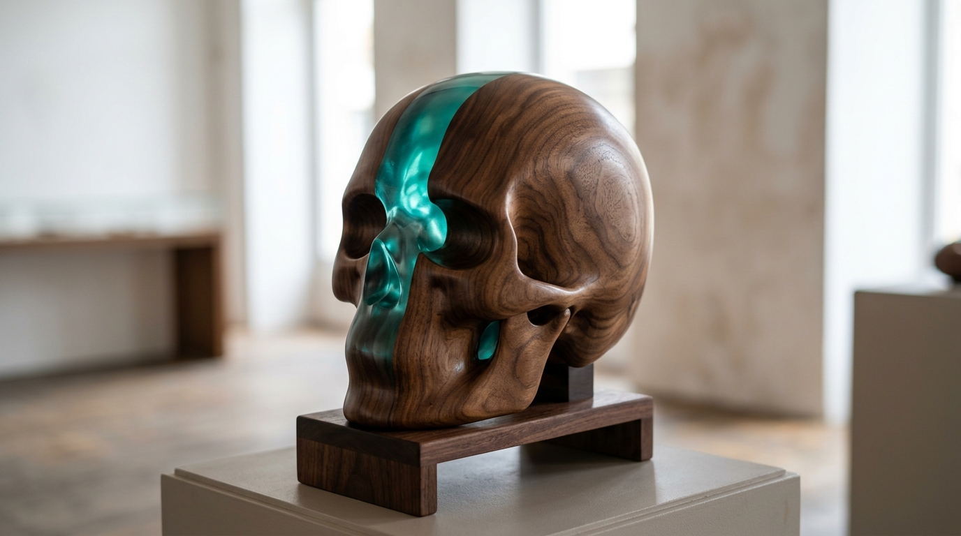 Wood sculpture carving of a skull with a glowing turquoise center