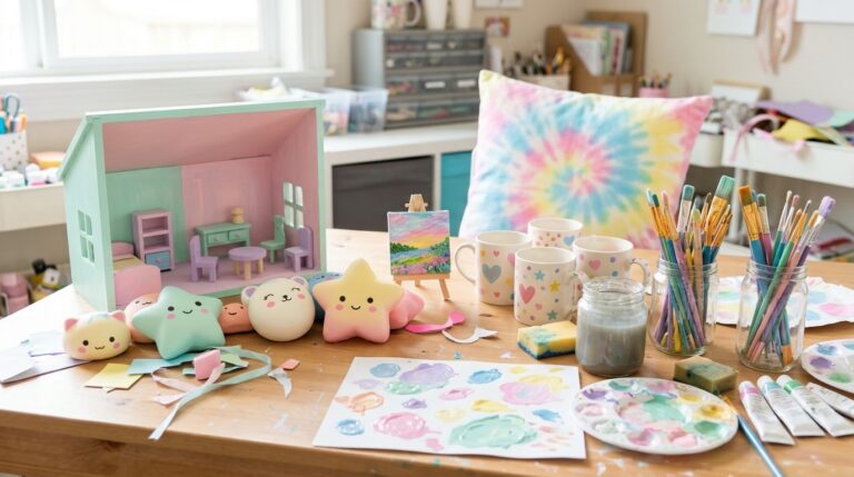 Moriah Elizabeth art inspired craft table with painted mugs, a pastel dollhouse room and toys with cute faces
