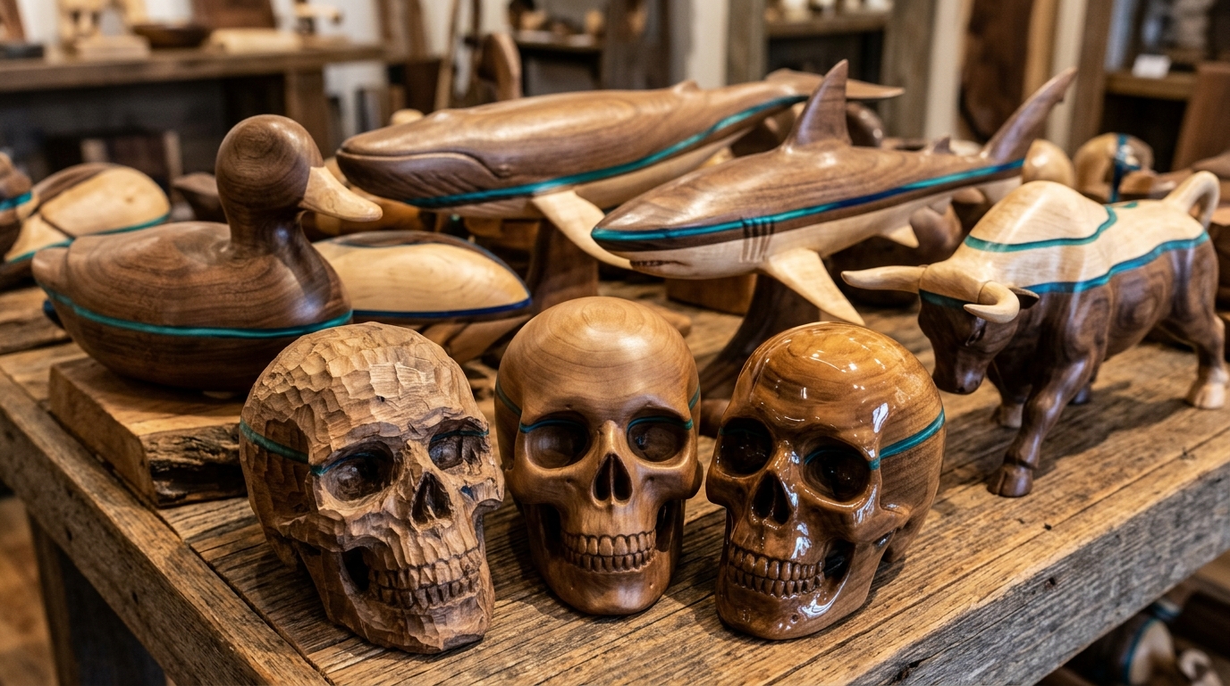 Wood sculpture carving collection of carved skulls, a duck, a whale, a shark and a bull with color layers on a display table