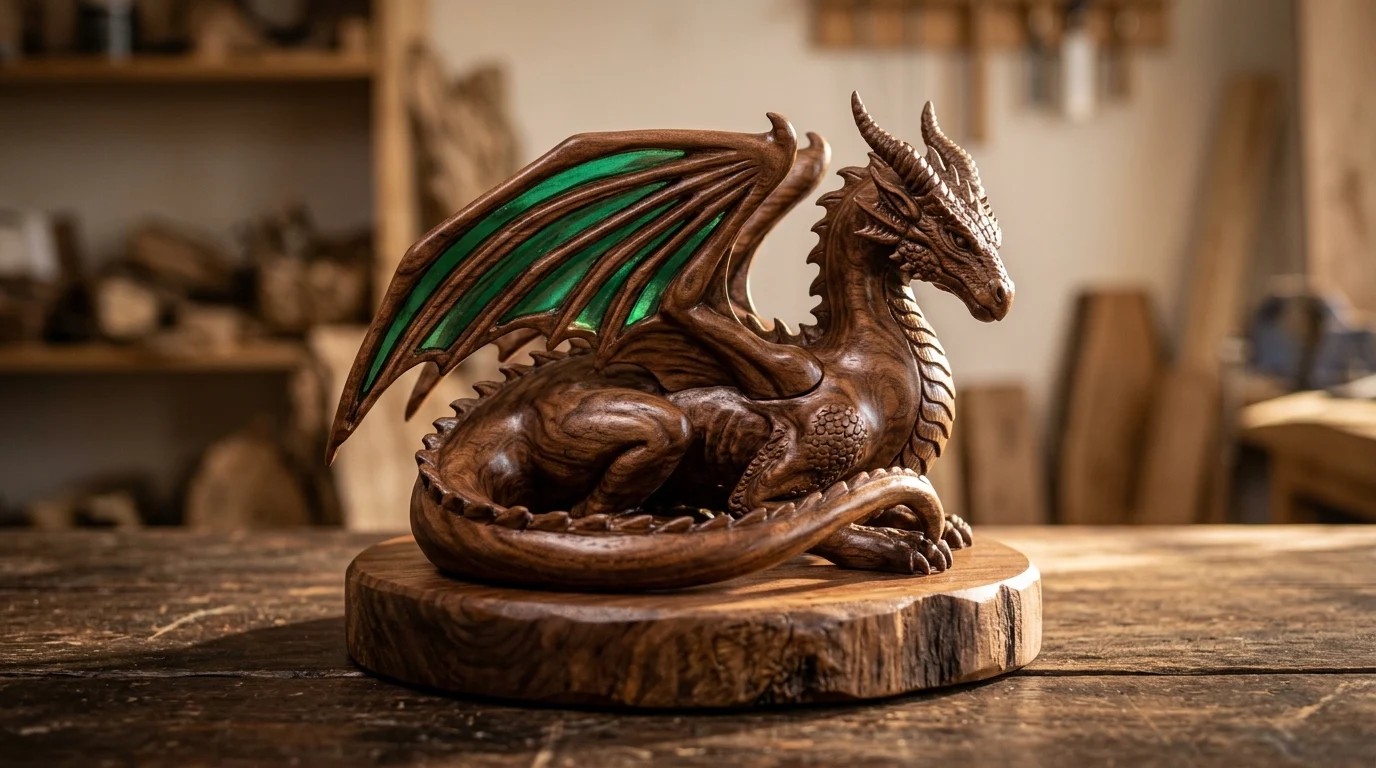 Carved walnut dragon sculpture with green color in its wings