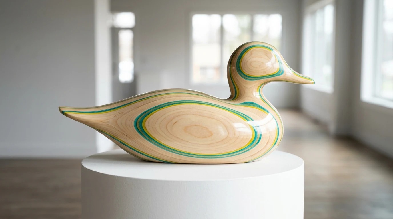 Smooth carved wooden duck sculpture with turquoise and yellow color stripes