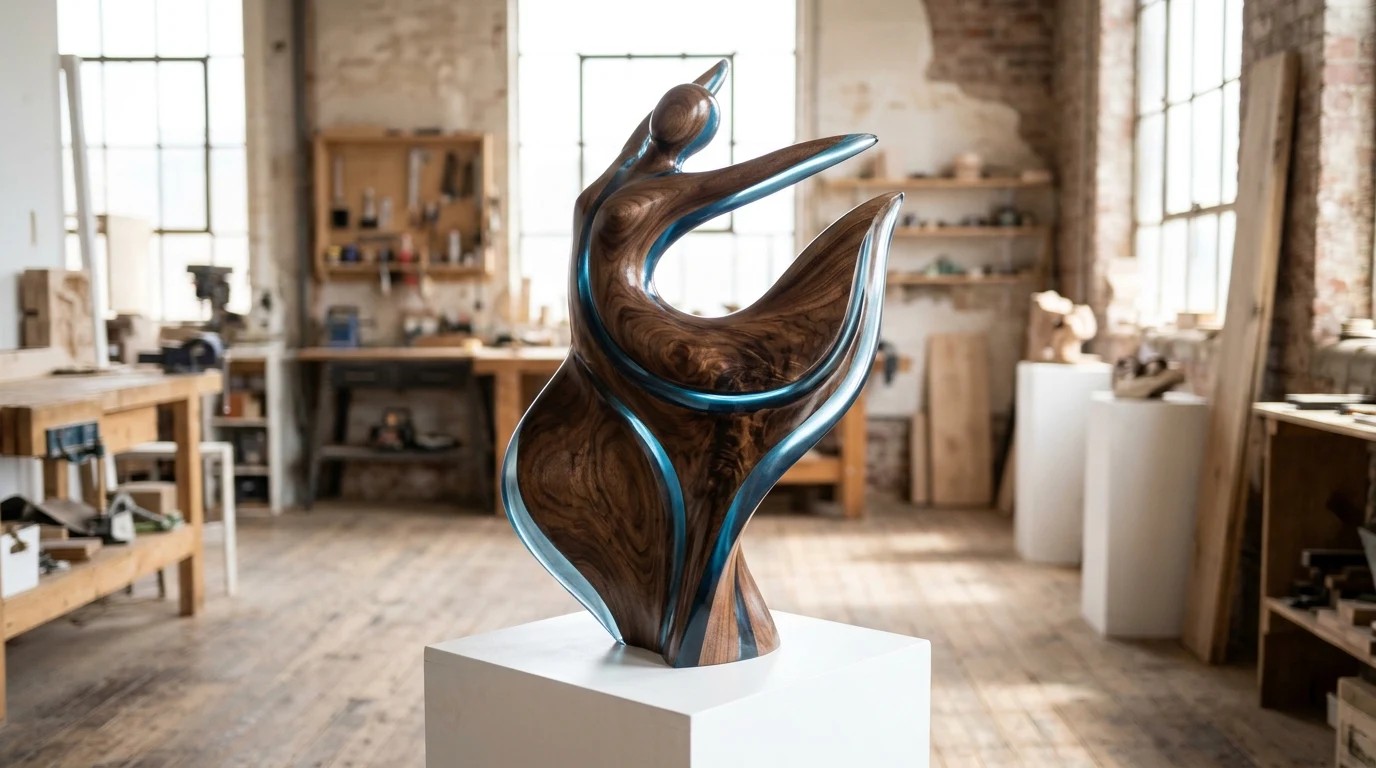 Flowing abstract walnut sculpture with clear blue layers on a white plinth