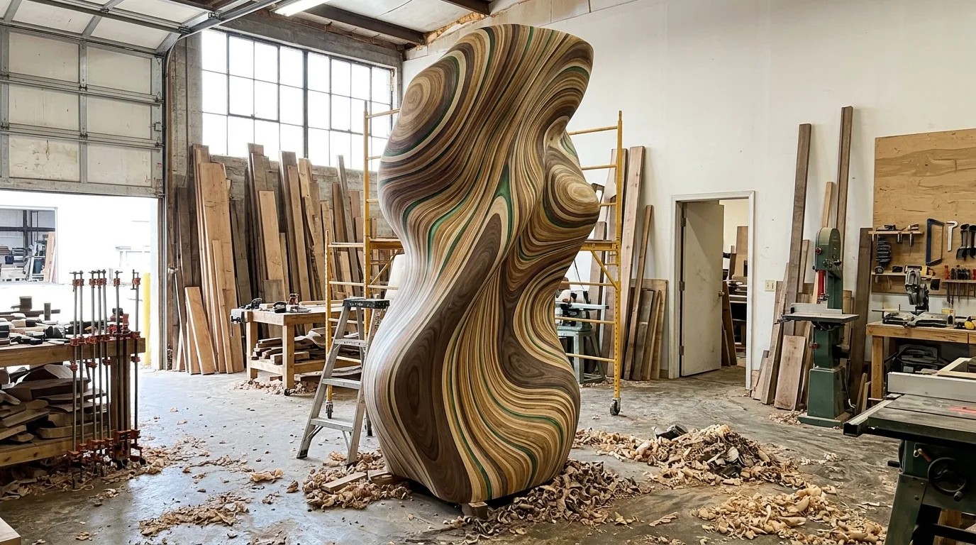 Large layered wood sculpture carving with wave shapes in a workshop