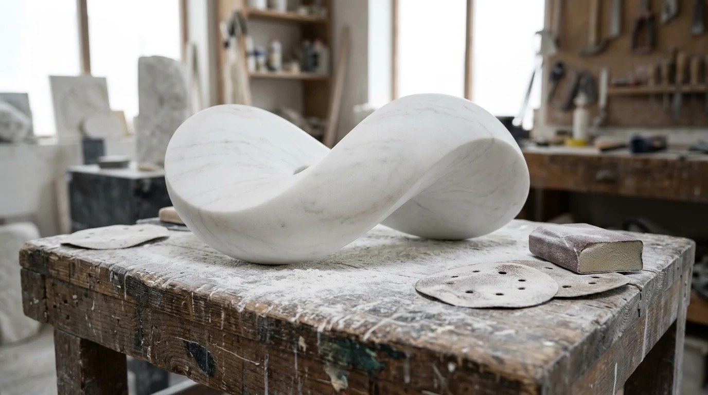 Smooth white marble sculpture with grey veins on a workbench
