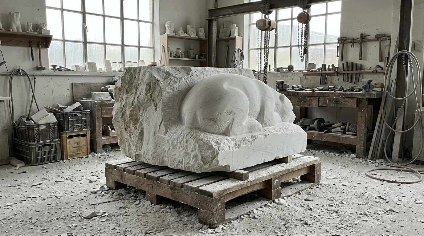 Large white marble block being shaped into an animal form in a workshop