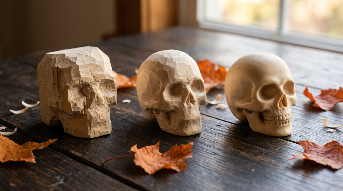 Three small wood sculpture carving skulls in rough, medium and fine finish