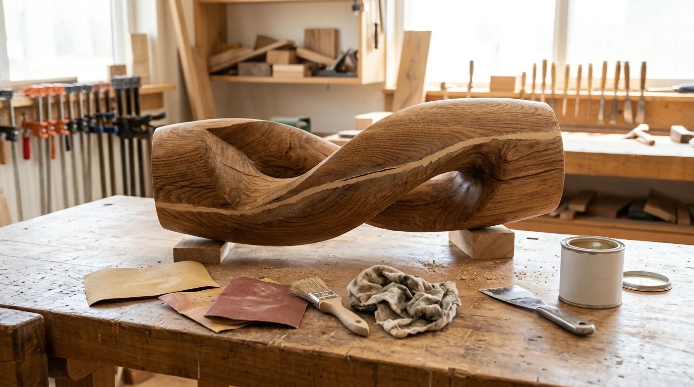 Cracked wooden sculpture being repaired with wood filler on a workbench