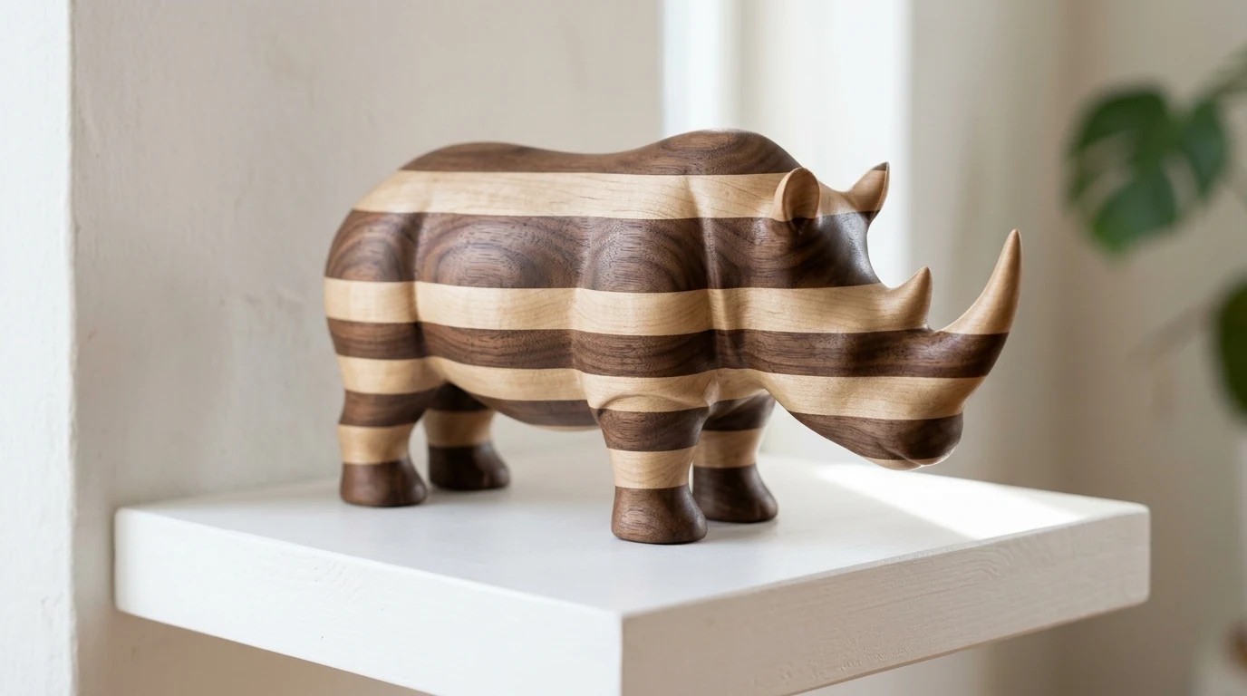 Carved rhino sculpture made from mixed light and dark woods