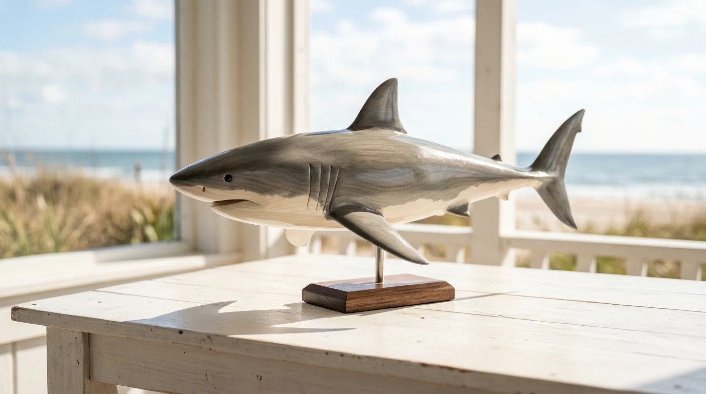 Glossy carved great white shark sculpture on a wooden stand