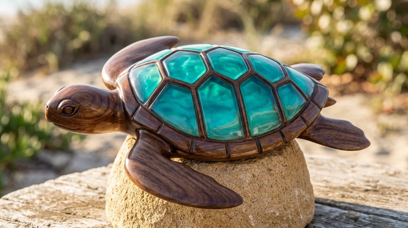 Wooden sea turtle sculpture with a turquoise glowing shell