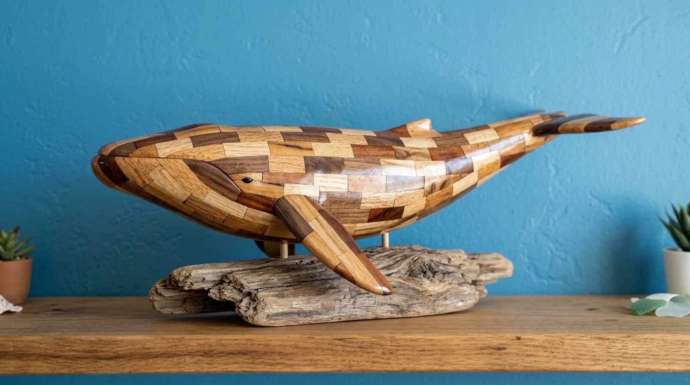 Wood sculpture carving of a whale made from hundreds of small glued pieces