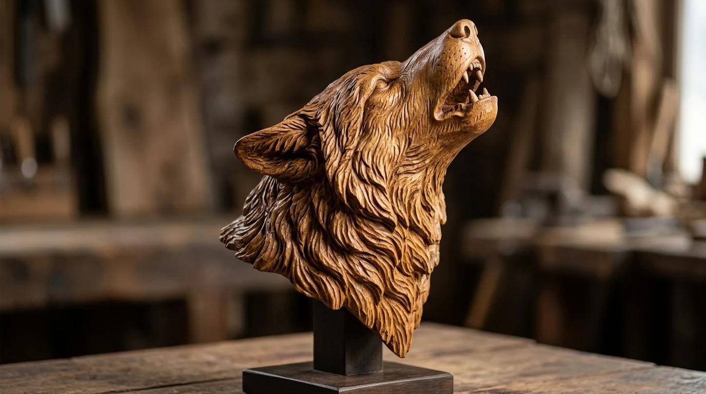 Wood sculpture carving of a howling wolf head with detailed fur