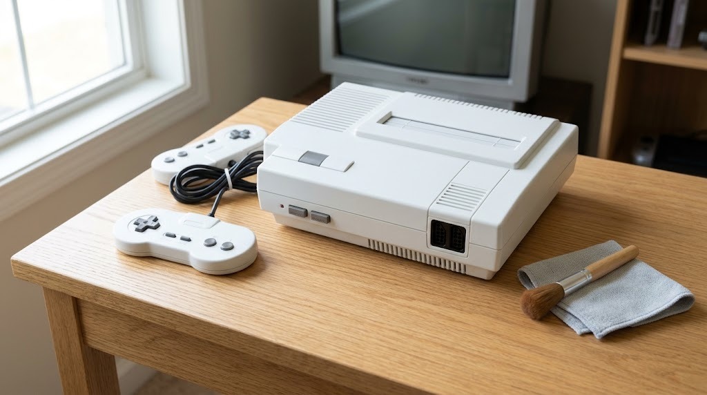 Rusty restoration projects idea: a white retro game console and two controllers cleaned to look new