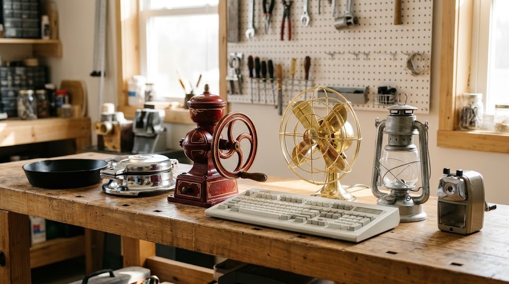 Rusty restoration projects lined up on a workbench: cast iron skillet, waffle iron, red sugar grinder, desk fan and lantern