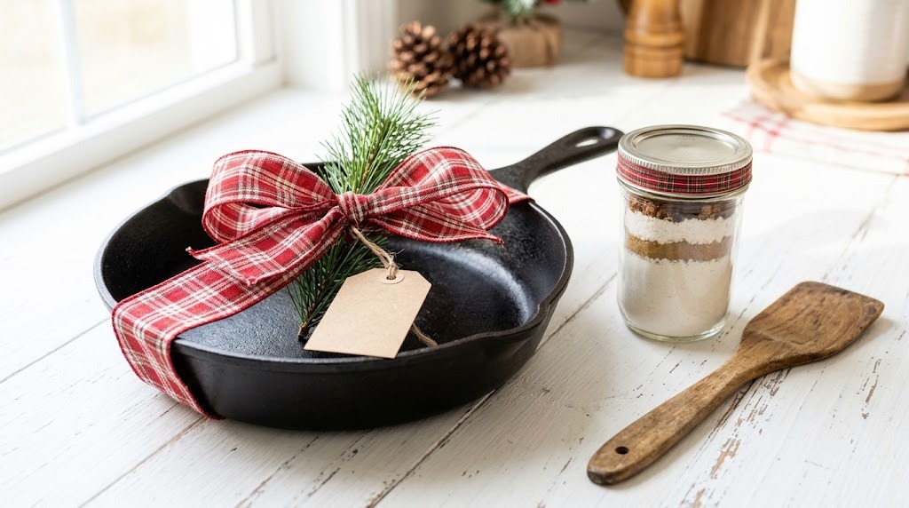 Rusty restoration projects as gifts: a cleaned cast iron skillet wrapped with plaid ribbon and pine