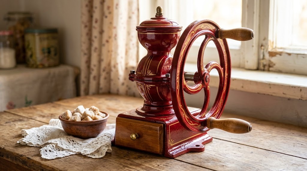Restored antique sugar grinder painted red with gold lines beside a bowl of sugar cubes